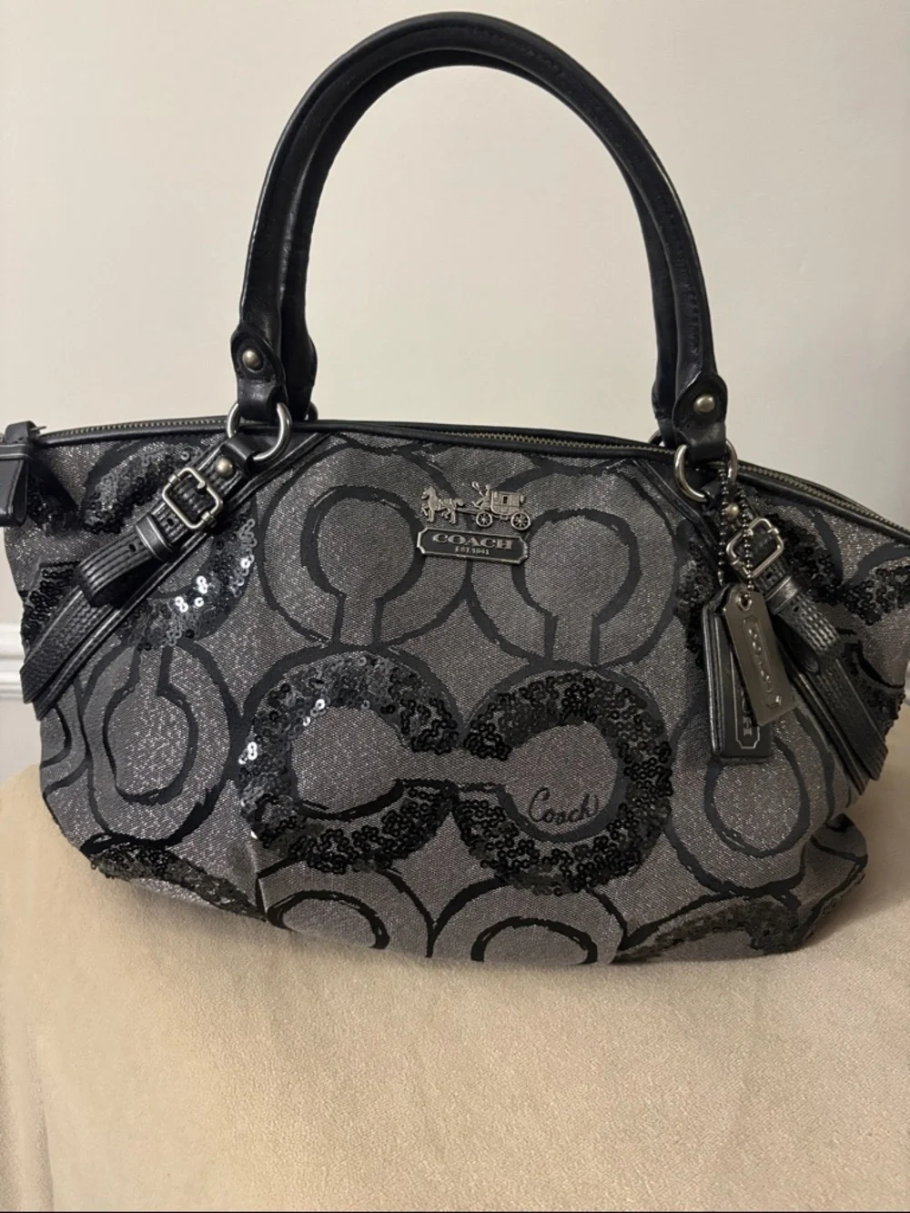 Coach Black and Gray Sequin Signature Satchel - Picture 1 of 4